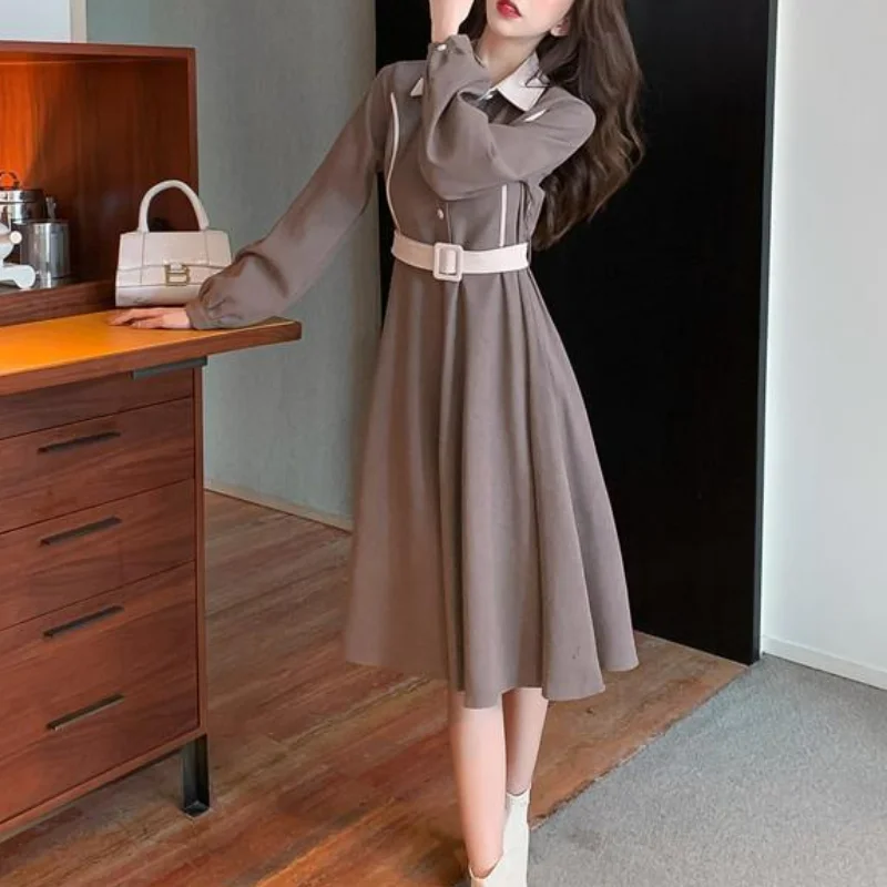 Corduroy Fleece Thick Shirt Dress Women's Color Block Polo Neck Button Waist Slim Sashes Light Luxury Design Long Sleeve Dresses