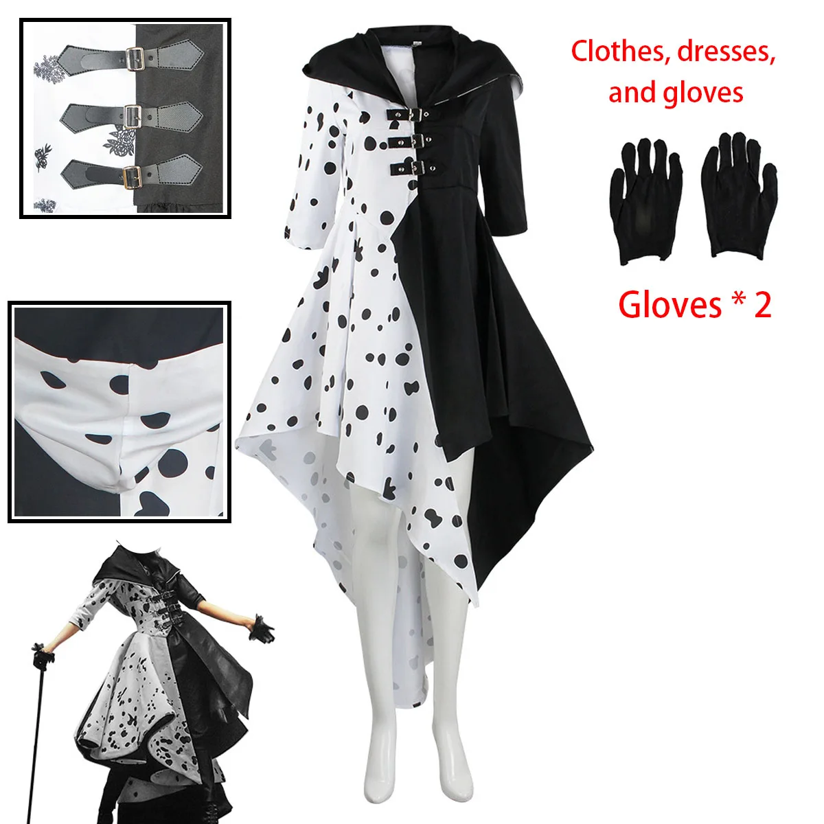 Cruella Cosplay Kostüm Kleid Outfit Umhang Mit Handschuhen Halloween Karneval Anzug Cruella De Vil Kostüm Für Erwachsene Frauen