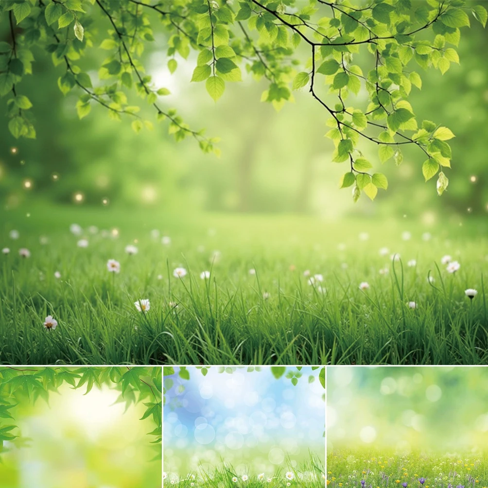 

MOON.QG Lush Spring Photographic Background Green Grass Meadow Tree Branches Backdrop Kids Photocall Wall Portrait Accessories