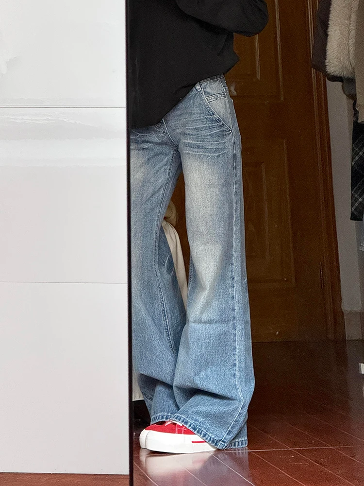 Amerikanische Retro-Blitzmuster-Jeans mit hoher Taille, geradem Bein, schlankmachend, bodenlang, weites Bein für Damen, Frühling Herbst Neuheit...