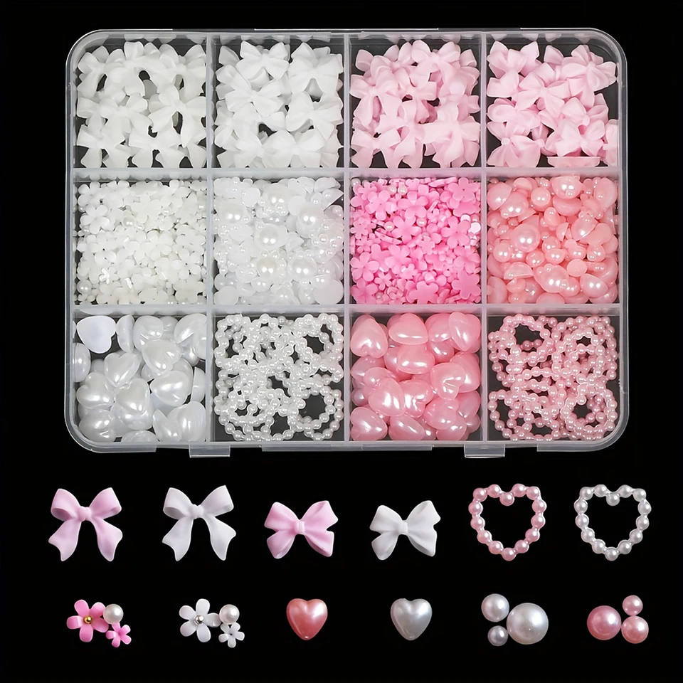 Kit de 500 pzas de decoración 3D para uñas con moños de resina, perlas planas y formas variadas - adornos DIY sin aroma 3