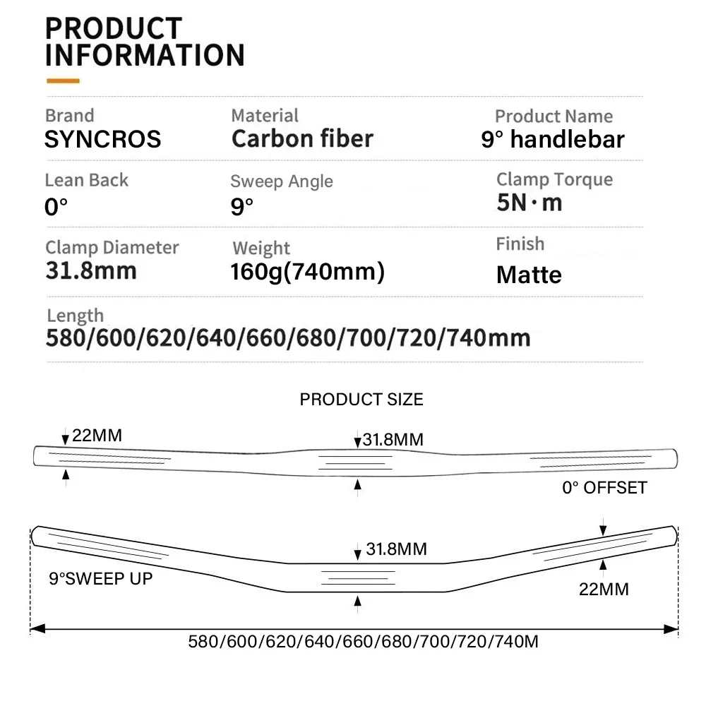 Syncros Carbon Fiber Handle Diameter 31.8mm Matte Black MTB Bike Handlebars Bicycle Accessorie 9 Degree 680/700/720/740mm