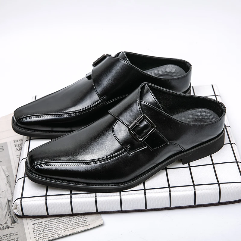 Big Size Men Footwear Mules Closed Toe Half Slippers Slip On Flat Leather Backless Loafers Open-back Business Dress Casual Shoes