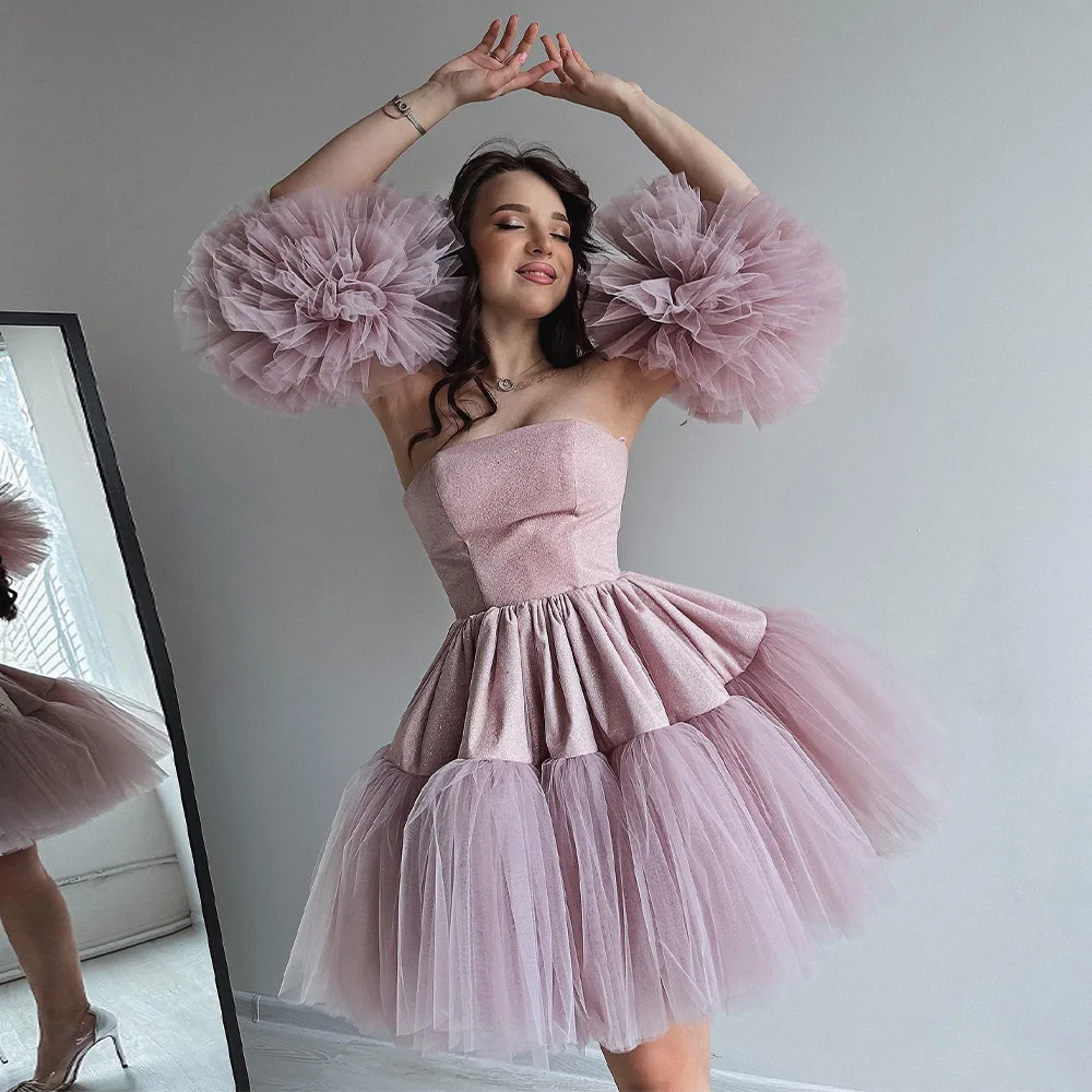 Short Prom Dresses for Youth Ball Gown Strapless Lavender  Gowns  Graduation Ruffle Sleeves Luxury Homecoming Dress Midi