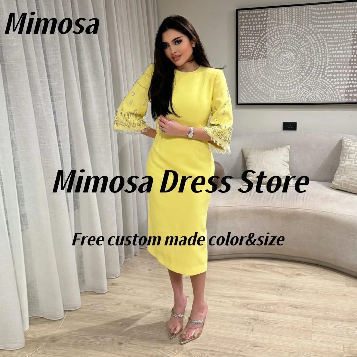 

Желтые платья для выпускного вечера Mimosa 2025 с круглым вырезом и рукавами из бисера Вечерние платья длиной до пола, платье для особых случаев на заказ по индивидуальному заказу
