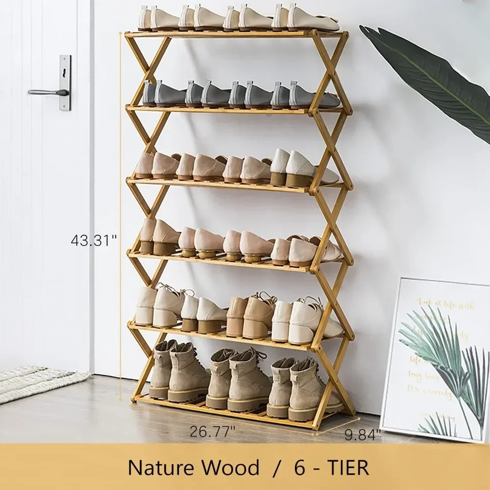 

y Collapsible Bamboo Shoe Rack - Medium 6-Tier Multifunctional Free Standing Shoe Shelf Storage Organizer without Assembly
