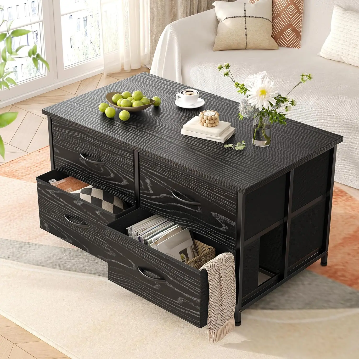 Enhomee 2In 1 Coffee Table With Storage, Modern Small Coffee Table For Living Room, Square Center Table With Drawer,Black