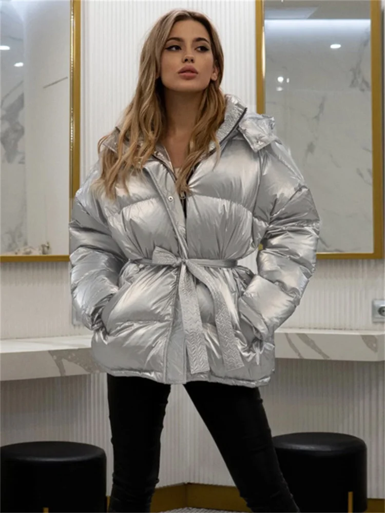 Glänzende Winter Hoodie Outwear Parkas für Frauen Schnür tasche lose Langarm Cardigan Mantel Streetwear Damen Trainings anzug Parkas