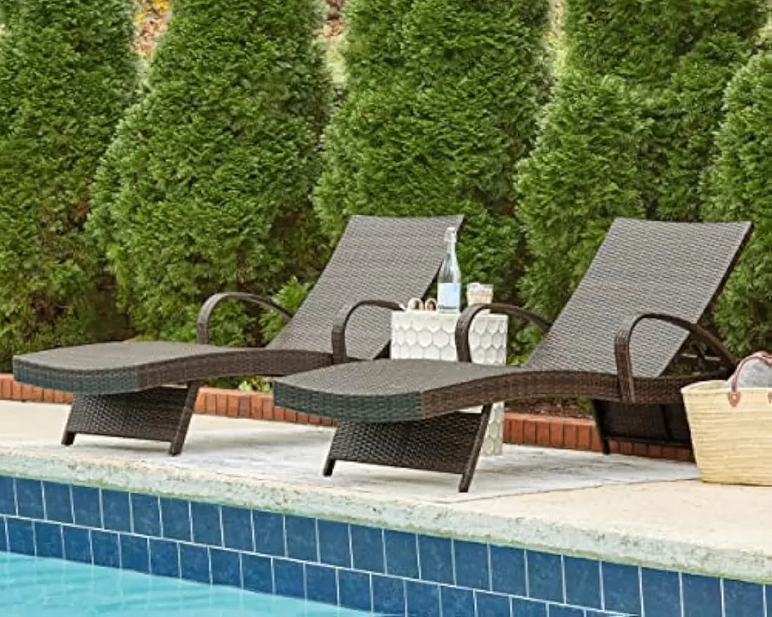 Design by Ashley Outdoor Kantana 2 Piece Patio Wicker Chaise Lounge Set, Brown