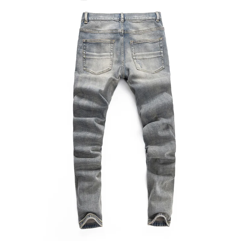 Fashionable new men's jeans with perforated patches, washed with water, retro elastic, slim fit, trendy brand, light blue jeans,