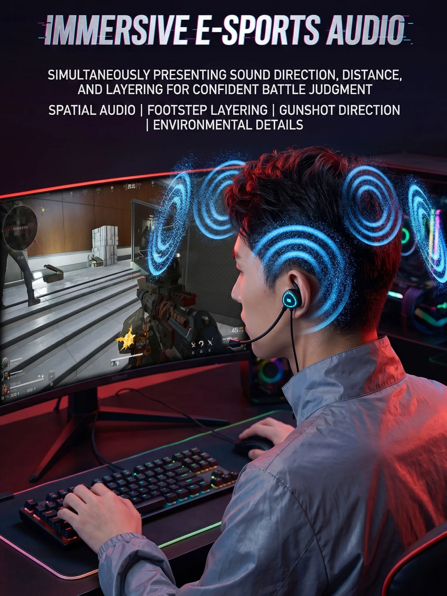 KEYSION Type-C In-Ear Wired FPS Gaming Headset DAC Decoding Chip Adjust EQ RGB Detachable HD Mic 1ms Latency Esports Earphone