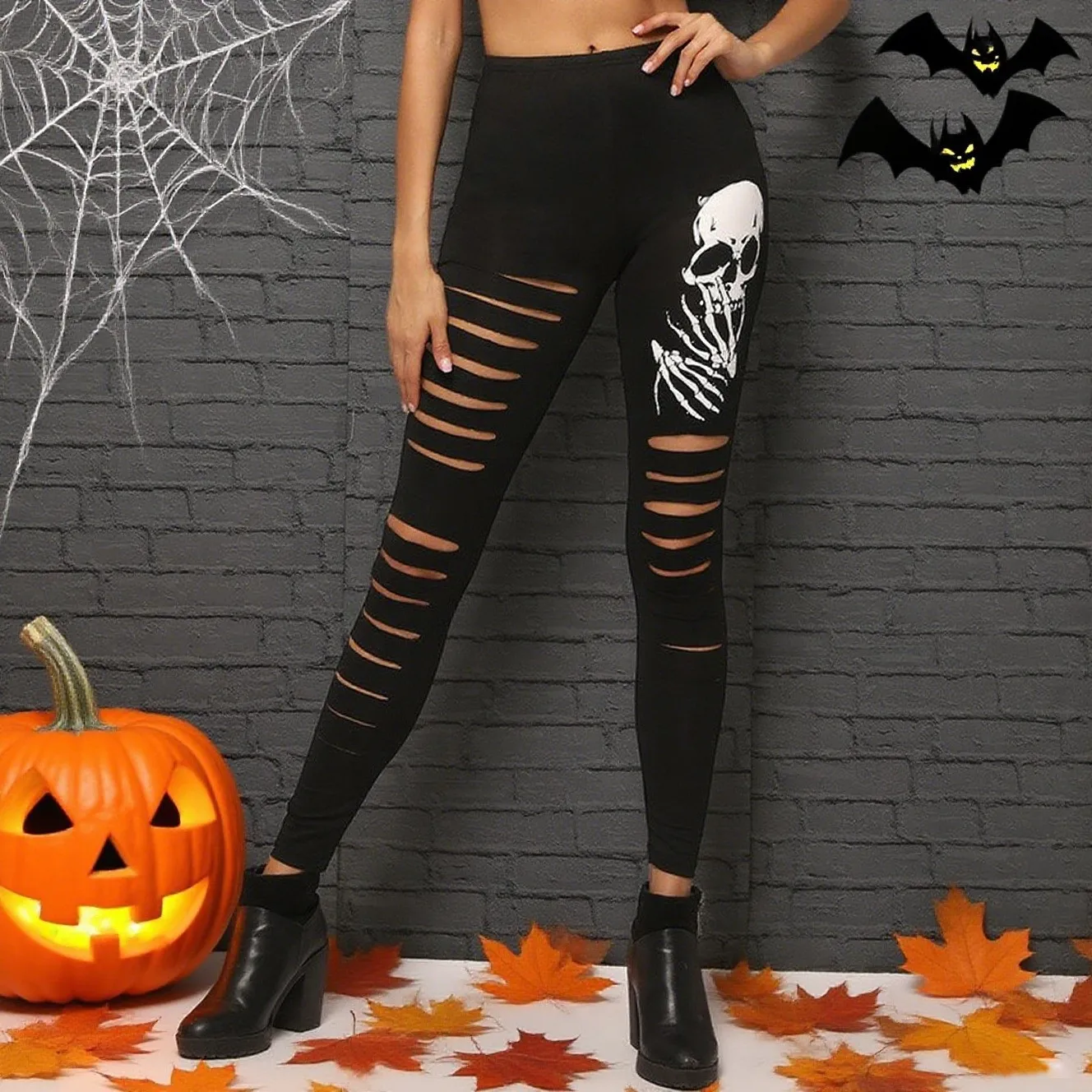 Slim Fit Skeleton Head Hole Design Ladies Trousers Black Thin Base Layer Pants Summer Style Bottoming Leggings for Women