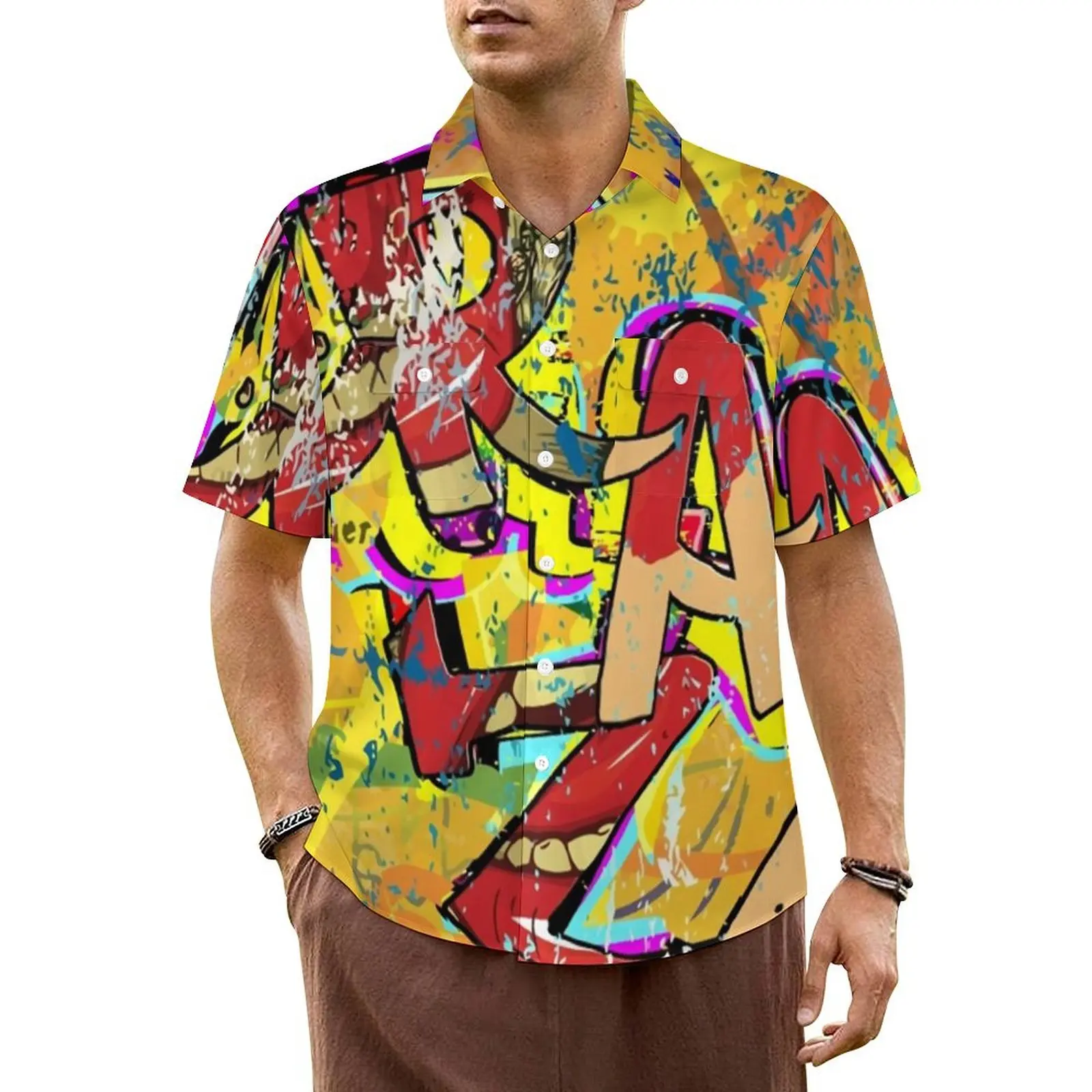 

Summer Shirt Beach Abstract Letters Blouses Insane Graffiti Print Novelty Casual Shirts Male Short Sleeve Y2K Oversized Tops