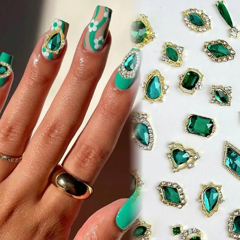 20PCS 3D Metal Alloy Geometric Nail Art Decoration Sparkling Dark Green Glass Rhinestones Inlaid Nail Charms for DIY Nail Crafts