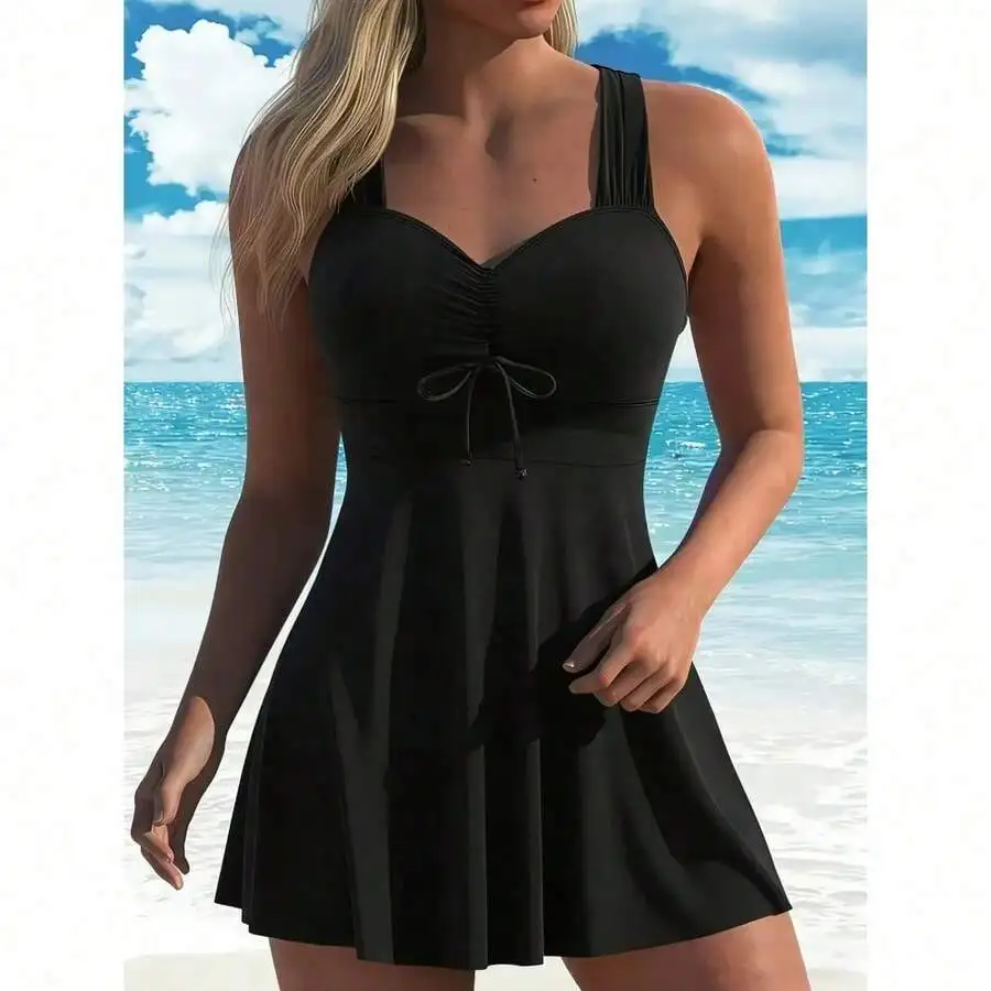 

Womens Black Ruched Front Swimdress With Drawstring Waist, Sleeveless Tankini Top And Skirted Bottom Two-Piece Swimsuit