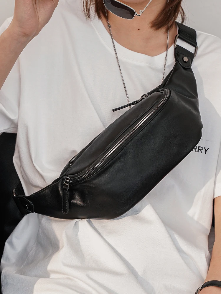 

Outdoor Sports Men's Crossbody Bag Soft Leather Belted Waist Bag Running Chest Bag Street Sle Faion Single oulder Bag