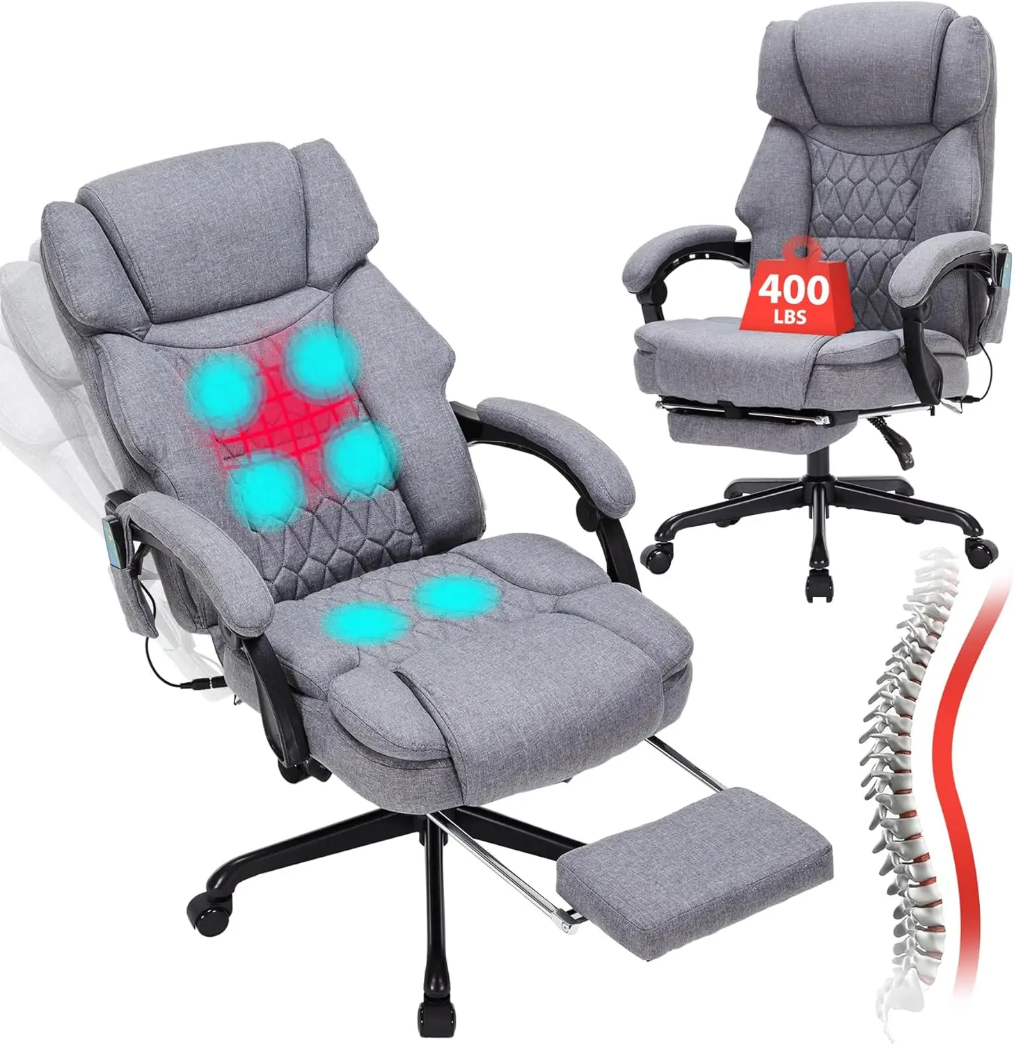 Massage Office Chair with Foot Rest 6 Points Vibration and Heat Home Office Desk Chairs for Heavy People 400lbs  (Grey)