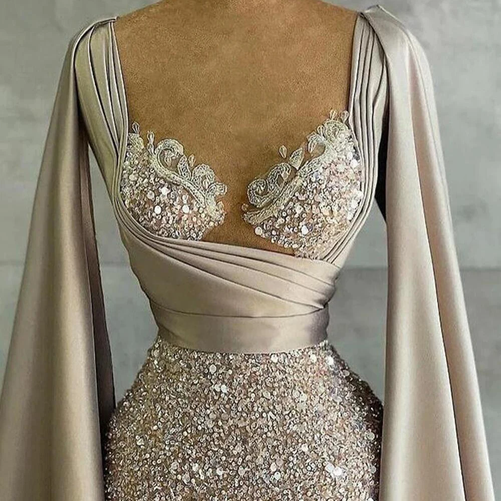 Robe de soirée sirène à col en V avec mancherons, robe de soirée à paillettes, sur mesure, sexy, élégante, luxe, design de mode