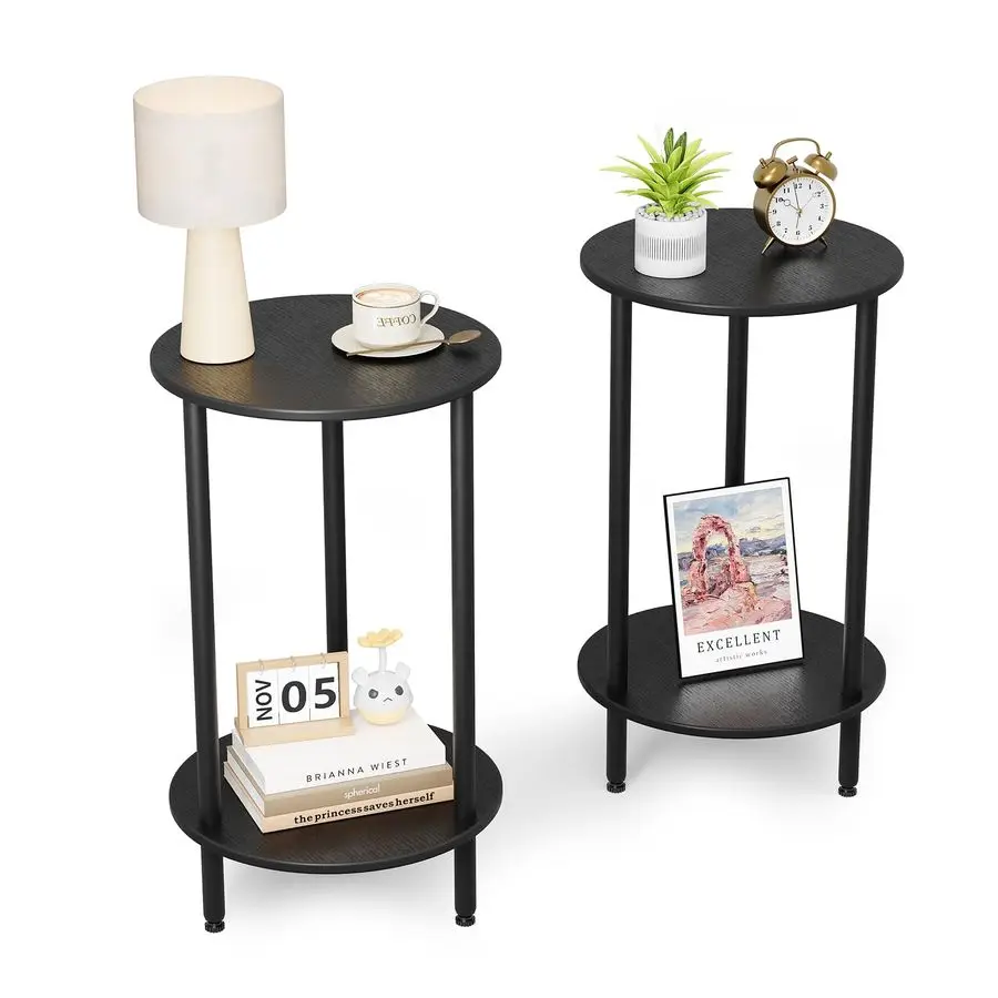 

Набор из 2-х приставных столиков, черные круглые столики с местом для хранения, 2-х уровневые современные акцентные столики, маленькие прикроватные тумбочки для гостиной, спальни