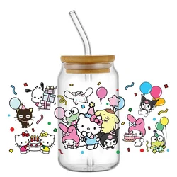 Miniso Sario New Hello Kitty Theme For Libbey 16oz Can Glass 3D Kuromi Waterproof UV DTF Coffee Can Wrap Libbey Glass Wrap