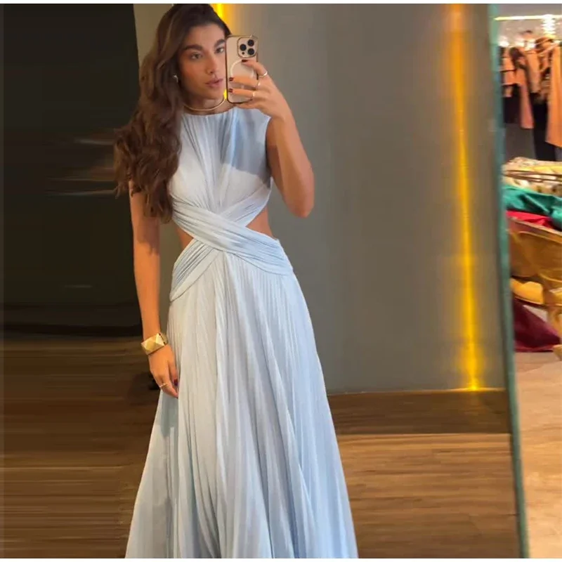 Elegantes 2026 Neues Rückenfreies Damenkleid mit Überkreuz-Taille Ärmelloses A-Linien-Kleid mit Raffungen Langes Abendkleid Formelles Partykleid – Detail 7