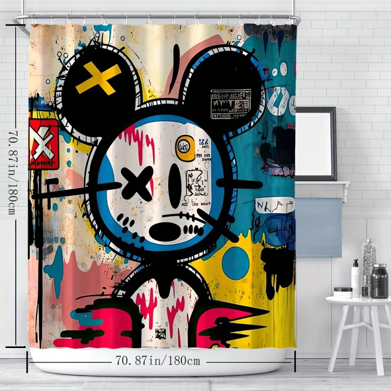 Colorful Cartoon Mouse Graffiti Art Shower Curtain - Waterproof Polyester with Hooks, Machine Washable - YWJHUI, Artistic, Carto