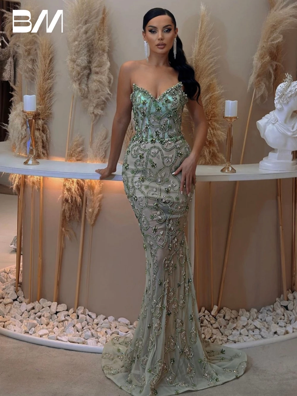 

Green Mermaid Tulle Evening Dress Party Beaded Crystals Prom Sexy Deep V Neck Customized Formal Occasions Gown For Women