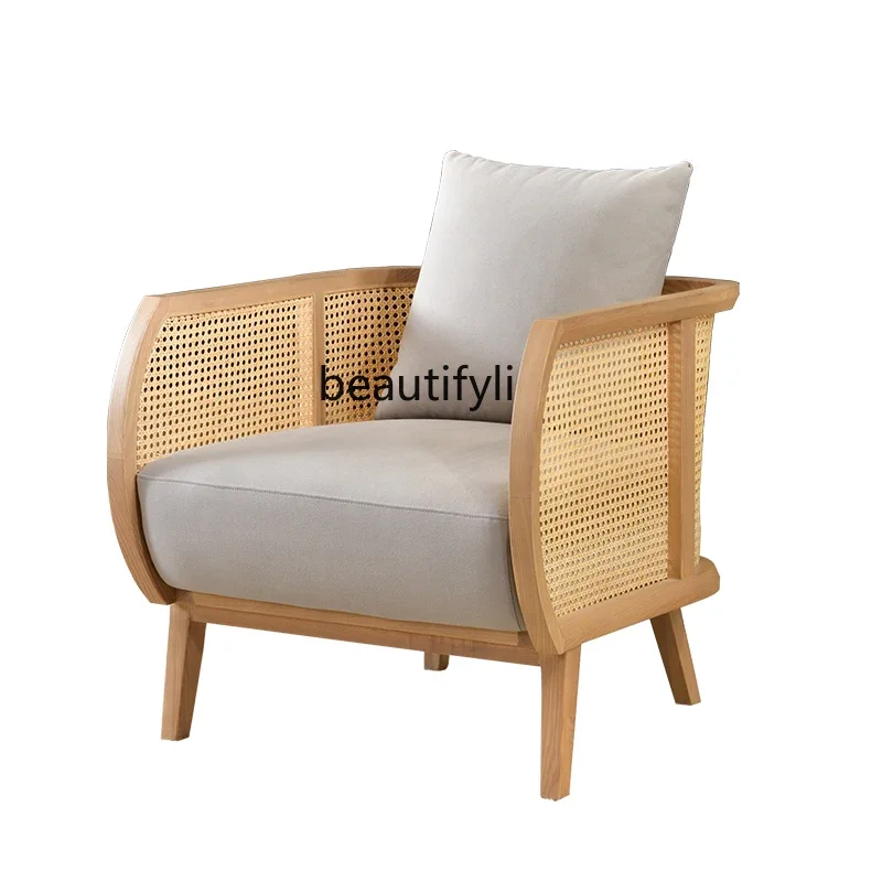 Solid wood sofa chair three-piece living room new Chinese ash wood single chair homestay simple rattan leisure chair