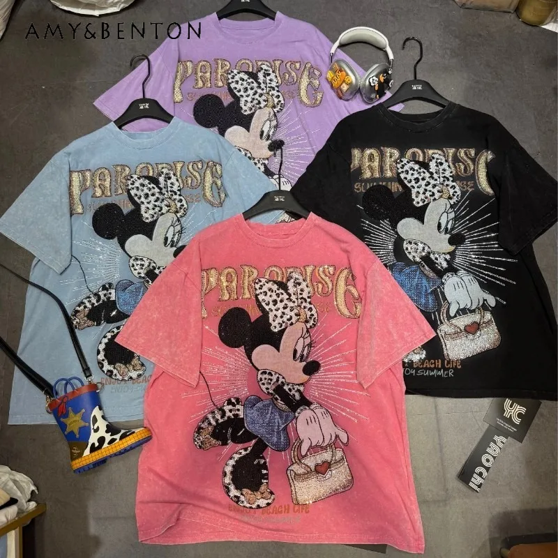 Washed Water Short-sleeved T-shirt Women's 2025 New Summer Loose Cartoon Printed Diamond Drills Top Oversized Tshirts Pullover