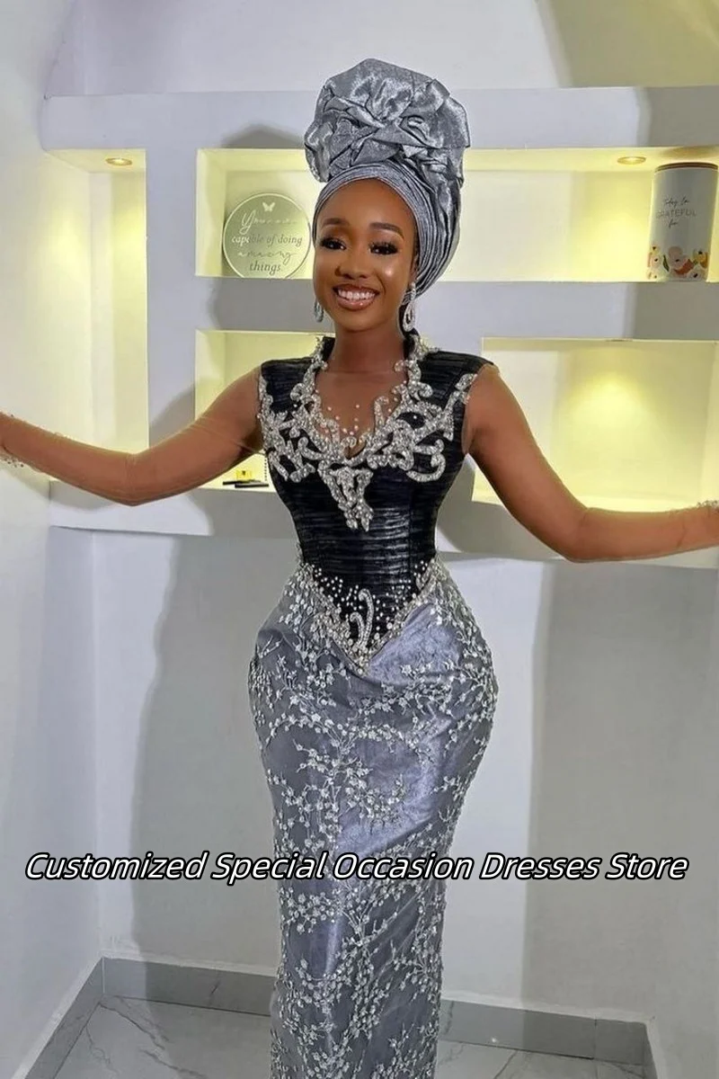 Ver através das mangas vestidos de noite para meninas negras delicado renda applique aso ebi longo sereia vestido de baile vestido de festa personalizado