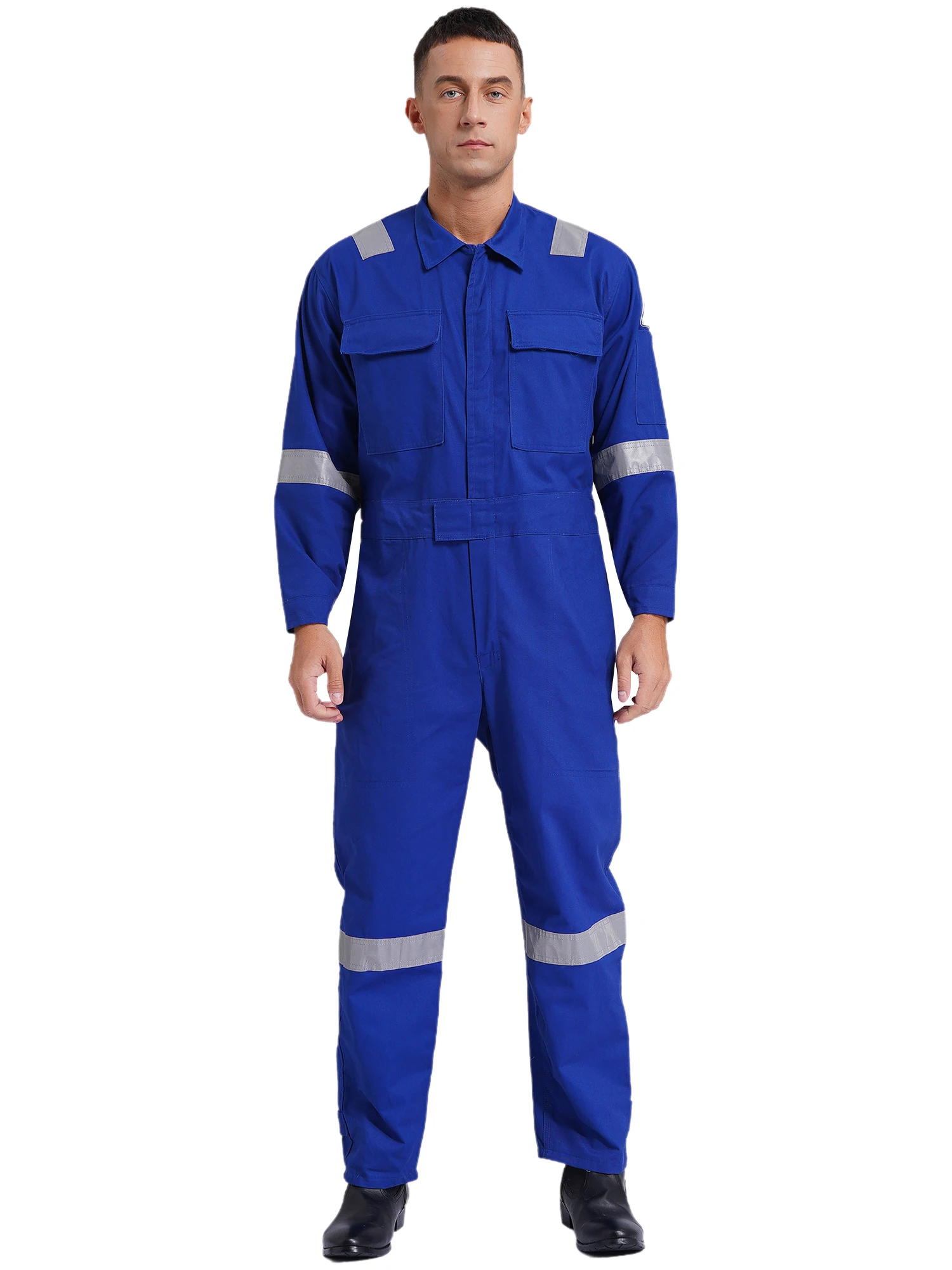 Unisex Adults Work Overalls Reflective Strips Multi-pocket One-piece Jumpsuit 100% Cotton Dustproof Dungarees Coveralls