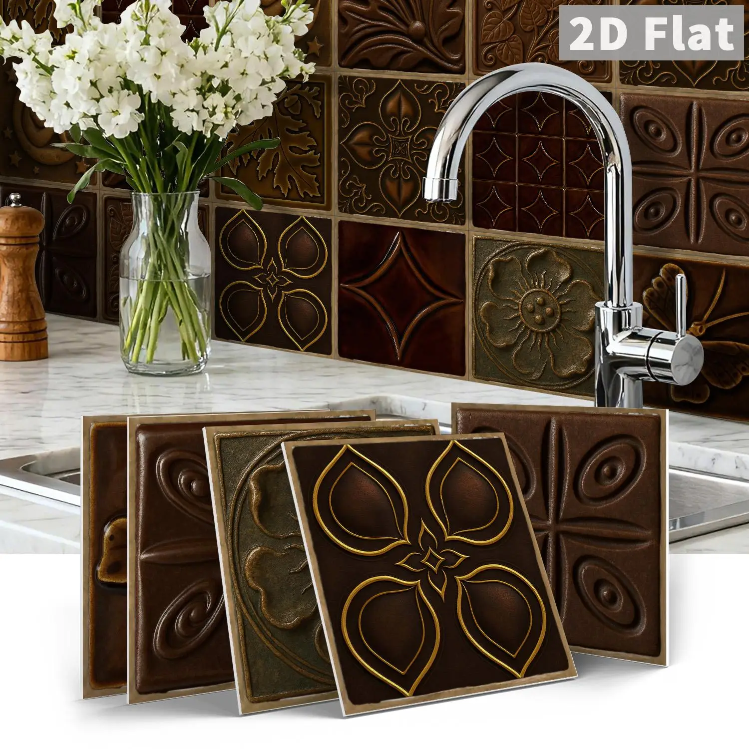 Vintage Brown Carved Floral Wall Tile Sticker 5.91×5.91 inch Self‑Adhesive Home Wall Decor