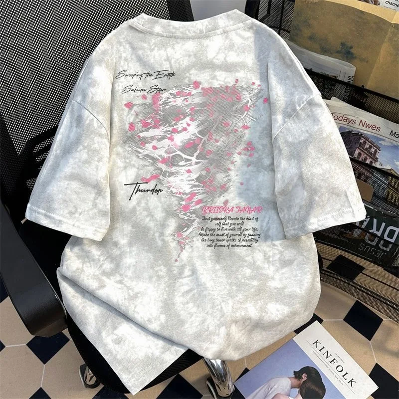 Y2K College Tie Dye T Shirt Streetwear Hip Hop Style Loose Short Sleeve Top With Bird Feather Print Casual Cotton Tee Men Women
