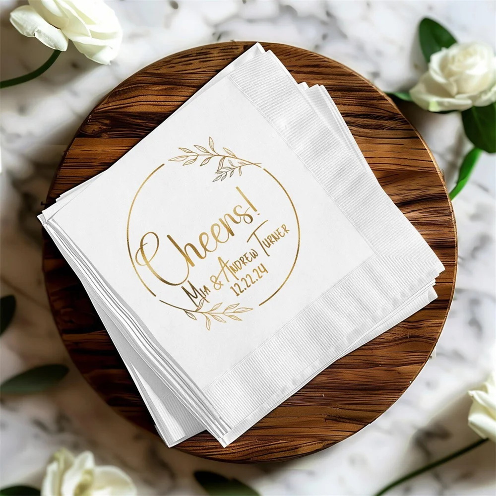 50PCS Custom Foil Wedding Napkins, Personalized Wedding Party Napkins, Gold Beverage Napkins, Cheers Cocktail Napkins, Foil Bar