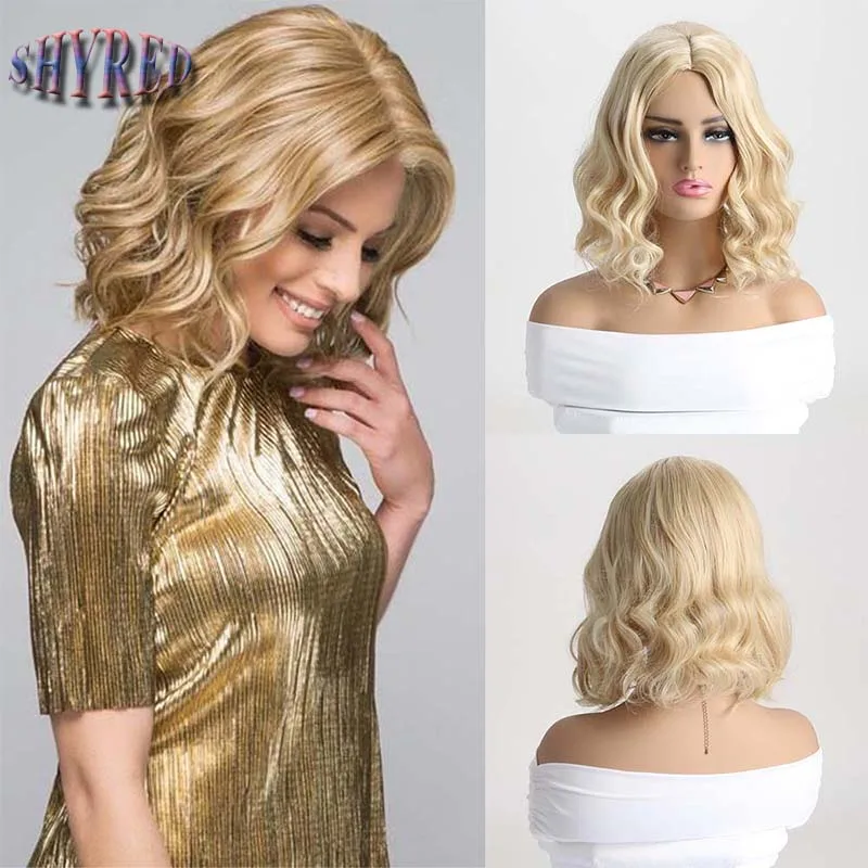 Short Wavy Soft Wigs with Bangs Daily Blonde Synthetic Hair for Women Natural Cosplay Party Wigs High Temperature Fiber