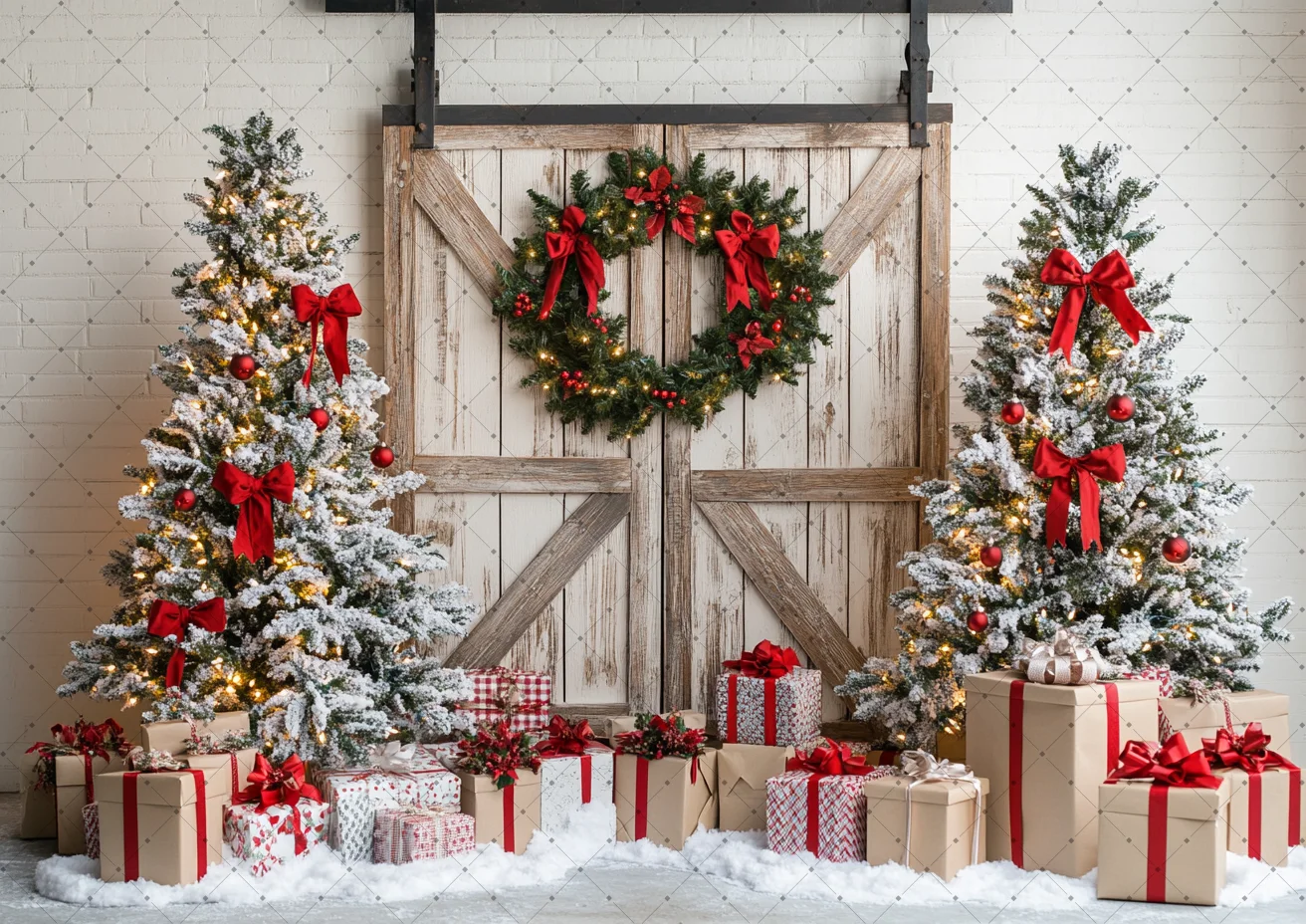Wooden Barn Door Christmas Backdrop Pine Wreath Red Bow Pine Tree Kraft Gift Box White Snow Ground Portrait Shoot Background
