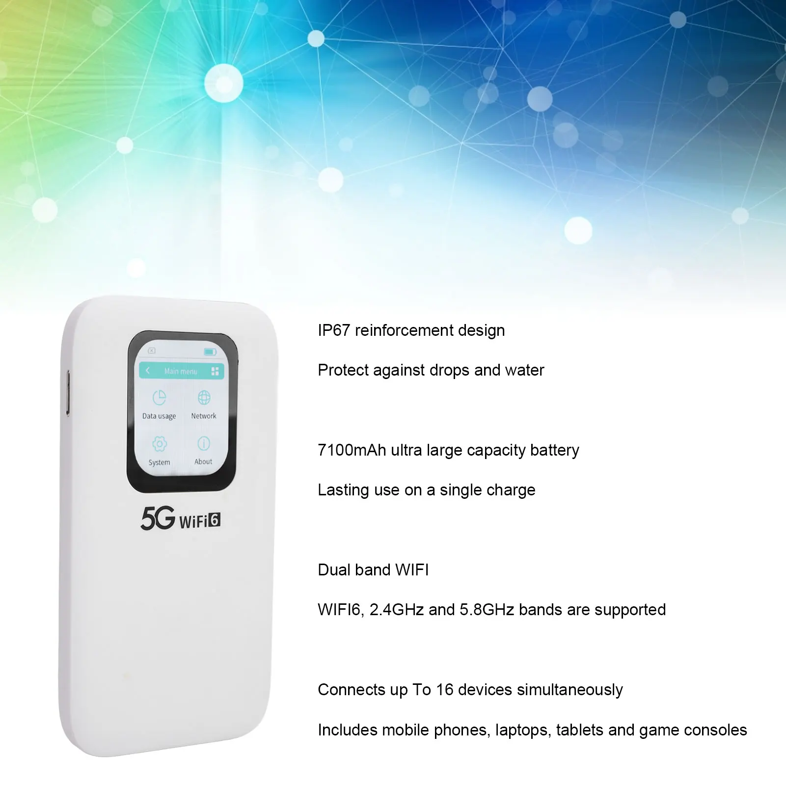 5G Mobile Hotspot Travel อุปกรณ์ Wifi เชื่อมต่อได้สูงสุด 16 อุปกรณ์ อัพโหลด 1.25Gbps อายุการใช้งานแบตเตอรี่ยาวนาน WiFi 6 ความเร็วสูงสําหรับการเดินทาง