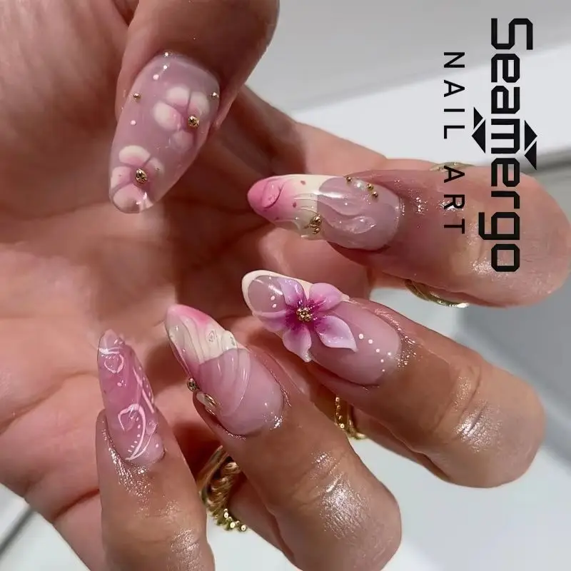 

24PCS False Nails 3D Flowers Pink Smudging French Press on Fake Nails for Women High Quality Sweet Almond Wearable Acrylic Nails
