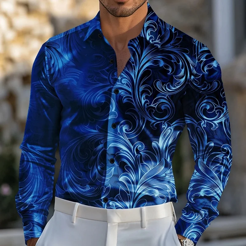 

2026 hot selling retro patterned shirts for men, light luxury style men's slim fit shirts, business casual street outdoor shirts