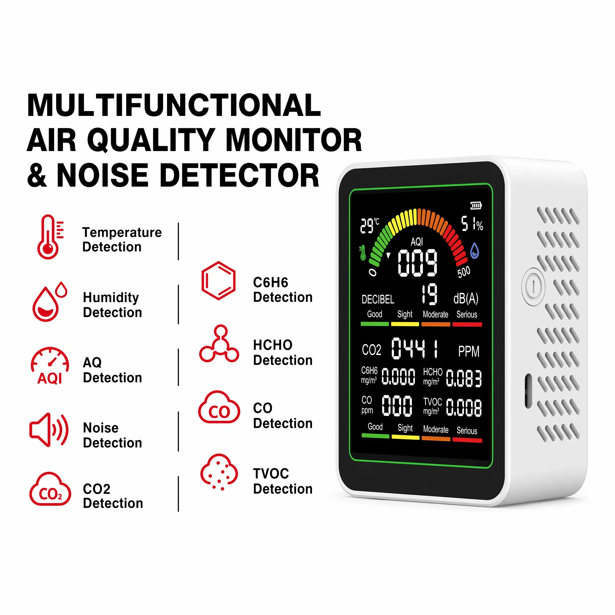 9-in-1 Air Quality Monitor Carbon Dioxide Tester Noise CO2 C6H6 CO Detector Formaldehyde Detector Temperature and Humidity Meter