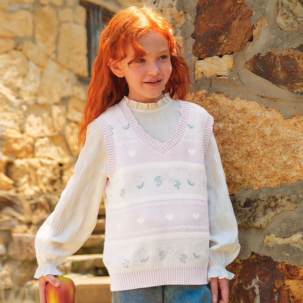 Dave Bella Autumn Spring Floral Sleeveless Sweater Vest for Girls Kids Embroidery Sweater Outerwear Children Clothes DK3263483