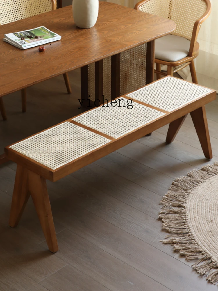 ZC Solid Wood Rattan Home Shoe Changing Stool Ins Dining Table Bench B & B Rattan Chair Simple Bed End Stool