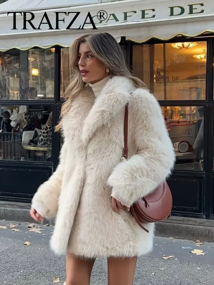 TRAFZA 2024 Winter Female Street Fashion Fur Coats Long Sleeves Lapel Solid Color With Pockets Causal Warm Fur Windbreaker