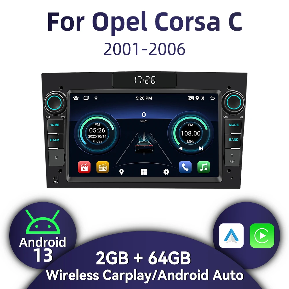 ستيريو سيارة أندرويد 7 بوصة 2 Din مع Carplay لاسلكي/GPS/BT لأوبل كورسا C 2001-2006، وحدة رأس راديو الوسائط المتعددة للسيارة #1