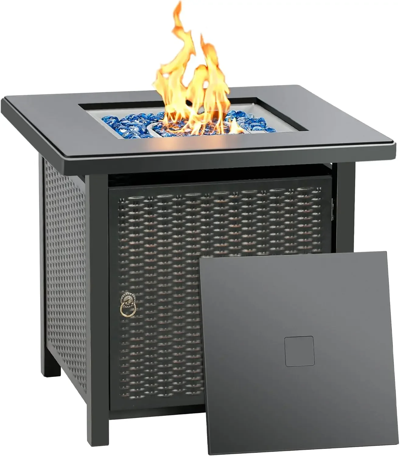 BALI OUTDOORS 28 Inch Propane Fire Pit Table, Rattan & Wicker-Look 50,000 BTU Gas Firepits with Blue Fire Glass