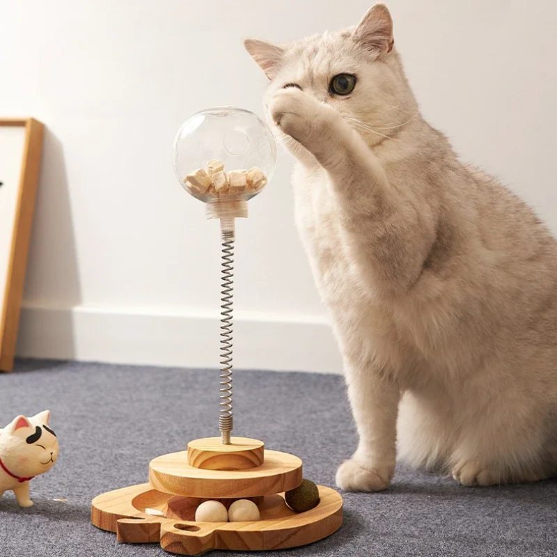 Katzenspielzeug aus massivem Holz, selbstentlastend, Teasing Stick für Katzen, Leckageball für Lebensmittel, Drehtisch für Katzen, Leckagegerät für Tiernahrung