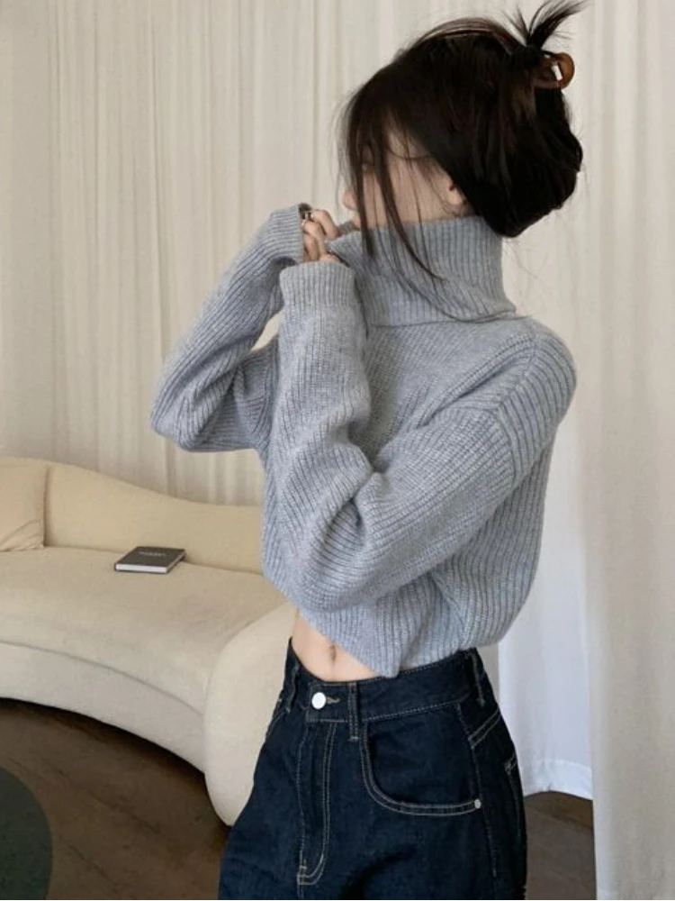 Knitted Pullovers for Women Zipper Cropped Sweaters Solid Korean Fashion Pull Femme Vintage Autumn Long Sleeve Clothes Ins Chic