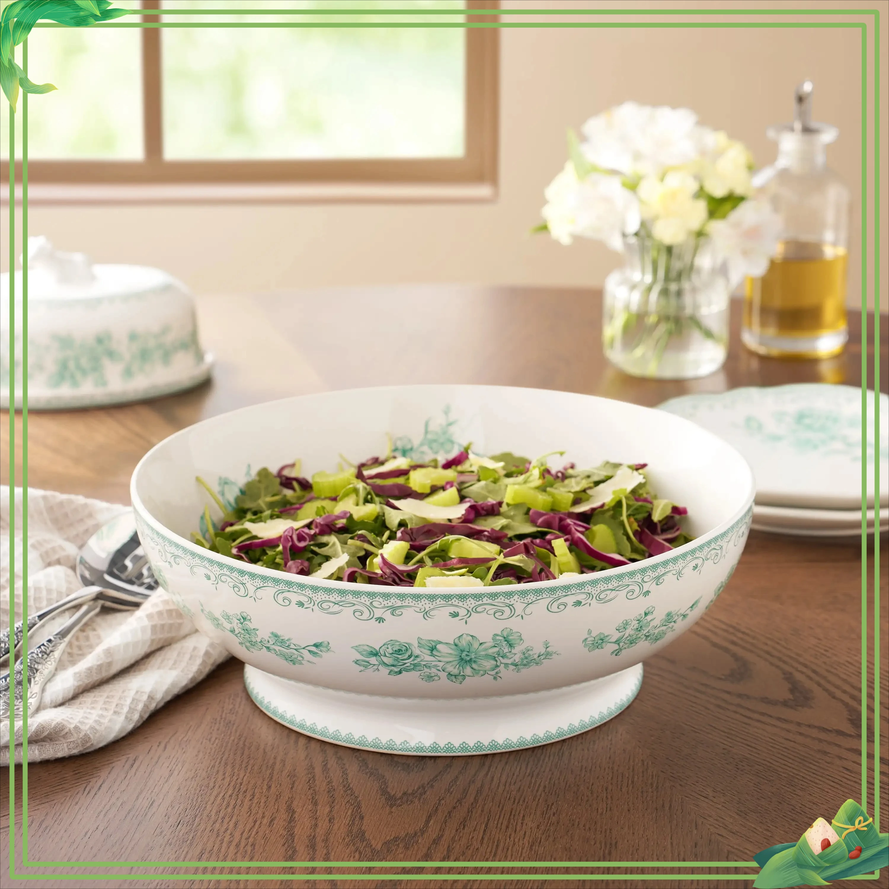 

Stoneware 11-inch serving bowl, blue, dishwasher and microwave safe, vintage style