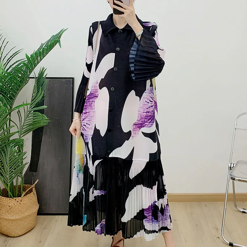 

Miyake Pleated Rows of Buttons Dress Cardigan 2024 Summer New Women's Print Temperament Elegant Literary Noble Elegant Skirt