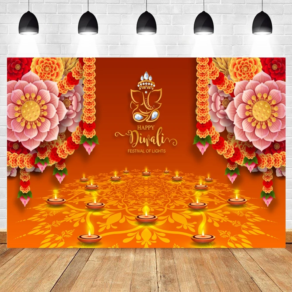 해피 디왈리 축제 배경, 인도 전통 디파발리 조명, Diyas 촛불, Marigold Diwali 사진 배경 장식